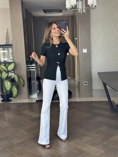 Siyah Kısa Kol Eteği V Güneş Serisi Kadın Bluz