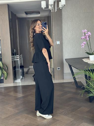 Siyah Kısa Kol Önü Bağlamalı Bluz Cepsiz Pantolon Kadın İkili Takım