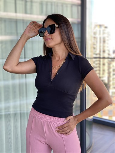 Siyah Kısa Kol Önü Çıtçıtlı Kaşkorse Bluz