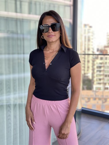 Siyah Kısa Kol Önü Çıtçıtlı Kaşkorse Bluz