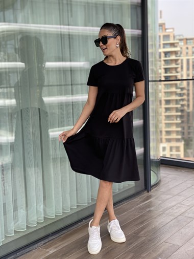 Siyah Kısa Kol Robadan Penye Elbise