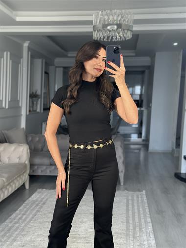 Siyah Kısa Kol Yarım Balıkçı Fitilli Kaşkorse Kadın Body