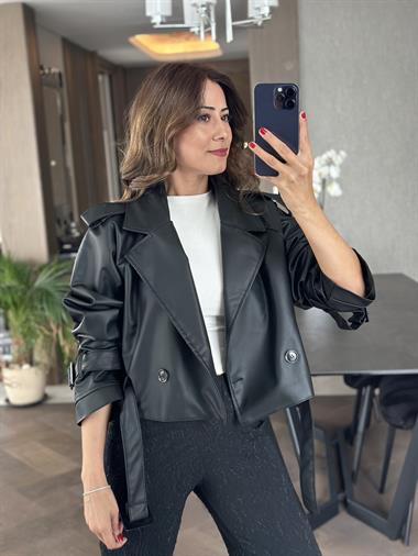 Siyah Kol Kemer Detay Kısa Kadın Deri Trenç