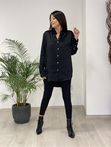 Siyah Kol Manşeti İki Düğmeli Saten Kadın Gömlek
