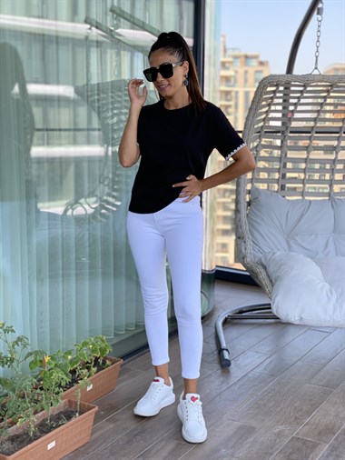 Siyah Kol Uçları Örgü Kadın T-Shirt