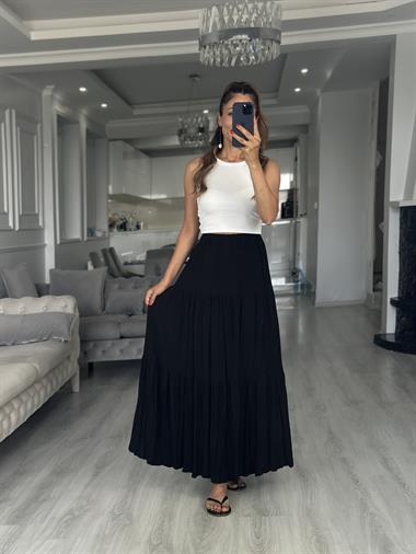 Siyah Krinkıl Beli Lastikli Kadın Midi Boy Etek