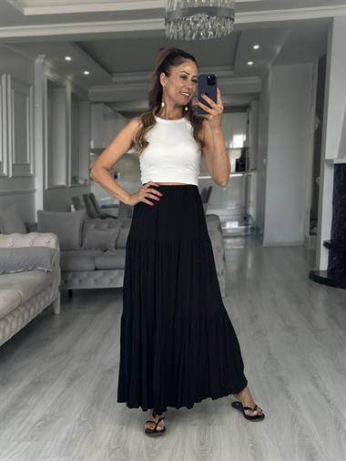 Siyah Krinkıl Beli Lastikli Kadın Midi Boy Etek