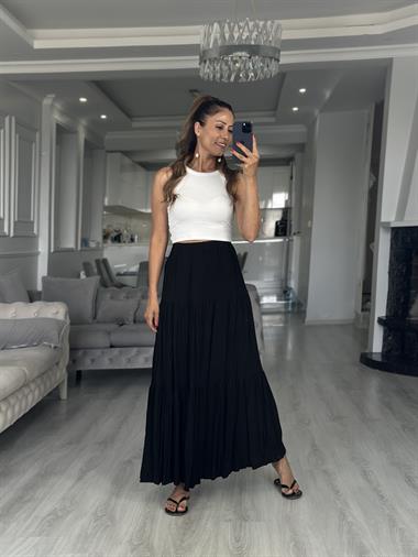Siyah Krinkıl Beli Lastikli Kadın Midi Boy Etek