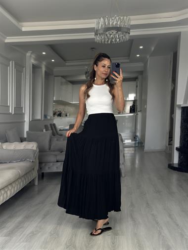 Siyah Krinkıl Beli Lastikli Kadın Midi Boy Etek