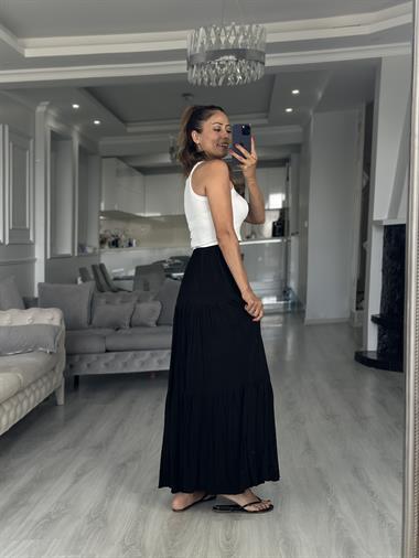 Siyah Krinkıl Beli Lastikli Kadın Midi Boy Etek