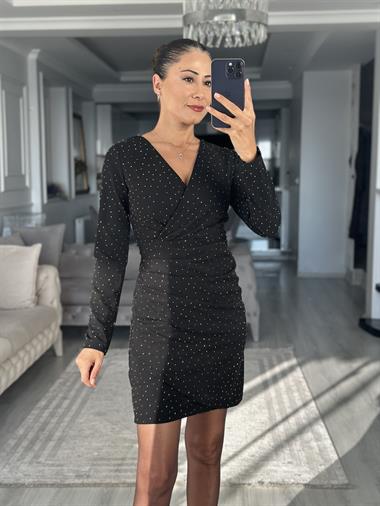 Siyah Kruvaze Yaka Parlak Taşlı Scuba Krep Kadın Mini Elbise 