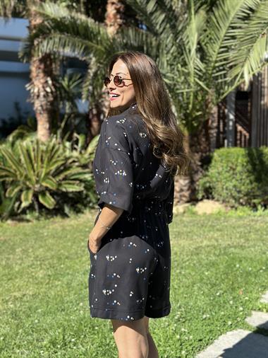 Siyah Küçük Pauntiyeli Gömlek Yaka Masimo Kadın Şort Tulum