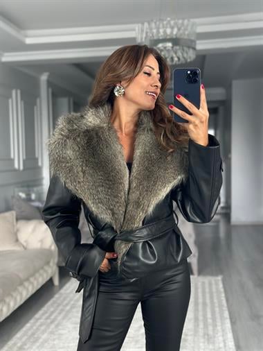 Siyah Kürk Detaylı Kuşaklı Kadın Deri Ceket