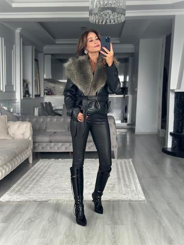 Siyah Kürk Detaylı Kuşaklı Kadın Deri Ceket