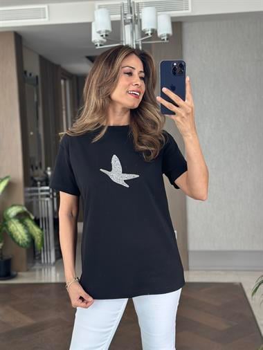 Siyah Kuş Taşlı Bisiklet Yaka Kısa Kol Kadın T-Shirt