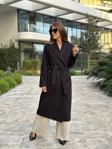 Siyah Kuşaklı Bornoz Model Kaşe Kadın Kaban