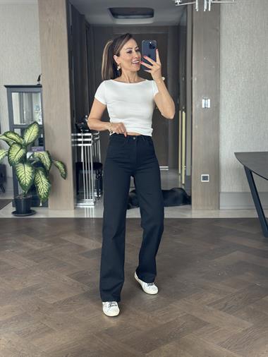 Siyah Lacarino Wide Leg Kadın Jean Pantolon