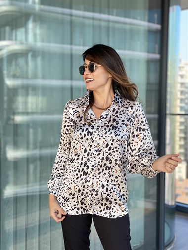 Siyah Leopar Desenli Saten Gömlek