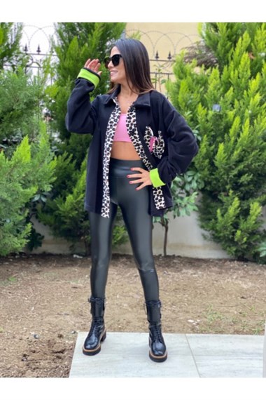 Siyah Leopar Detay Polar