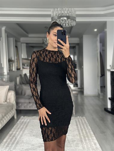 Siyah Likralı Dantel Astarlı Uzun Kol Kadın Mini Elbise 