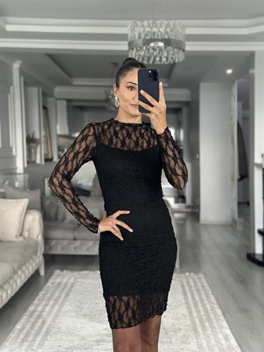 Siyah Likralı Dantel Astarlı Uzun Kol Kadın Mini Elbise 