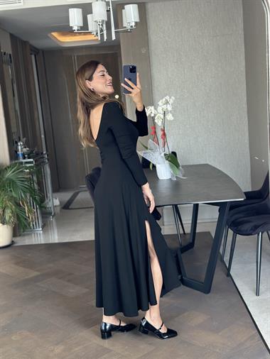 Siyah Likralı Örme Sırtı U Dekolteli Çift Yırtmaçlı Kadın Elbise