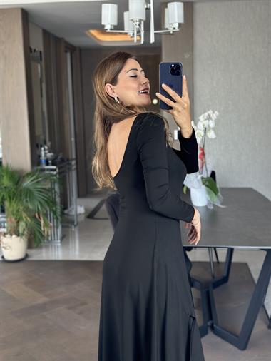 Siyah Likralı Örme Sırtı U Dekolteli Çift Yırtmaçlı Kadın Elbise