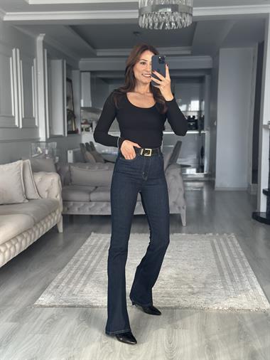 Siyah Likralı Penye Uzun Kol U Yaka Kadın Body