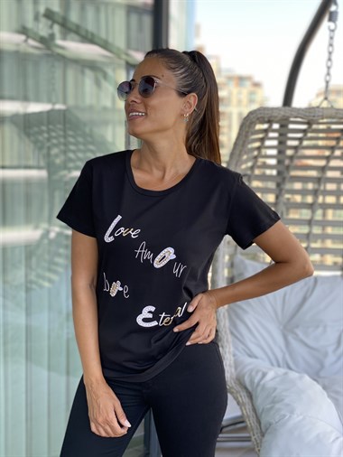Siyah Love Taş Detay T-Shirt