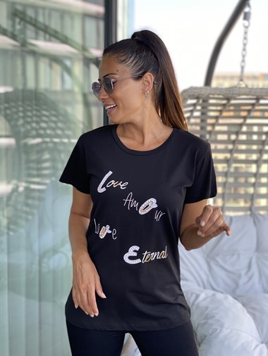 Siyah Love Taş Detay T-Shirt