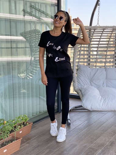 Siyah Love Taş Detay T-Shirt
