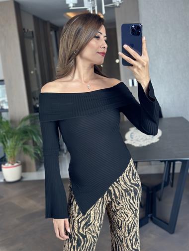 Siyah Madonna Yaka Eteği Asimetrik Kadın Bluz