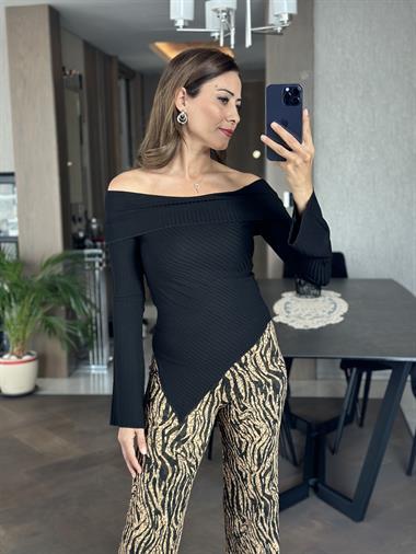Siyah Madonna Yaka Eteği Asimetrik Kadın Bluz