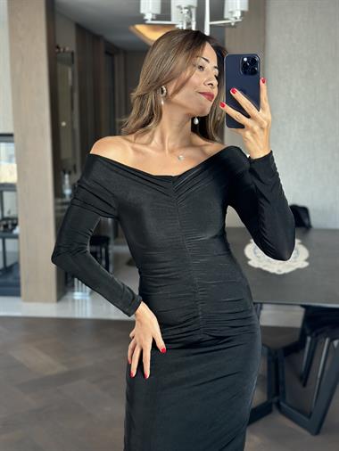 Siyah Madonna Yaka Önü Drapeli Buzzy Kadın Elbise 