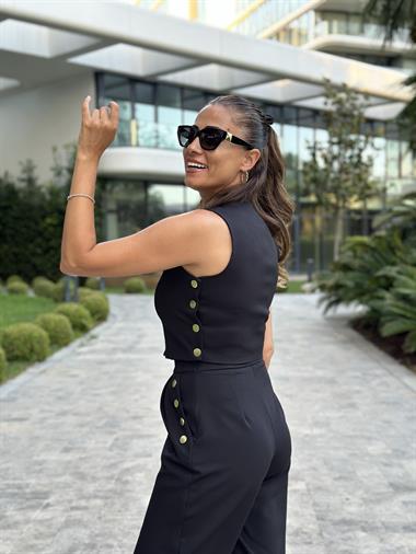 Siyah Marka Model Gold Çıtçıtlı Yelek Pantolon Kadın Alt Üst Takım