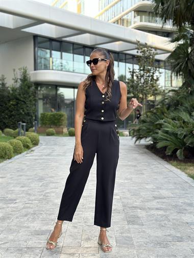 Siyah Marka Model Gold Çıtçıtlı Yelek Pantolon Kadın Alt Üst Takım