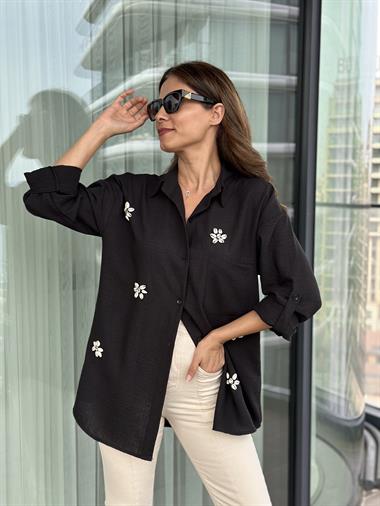 Siyah Midye İşlemeli Keten Aerobin Kadın Gömlek