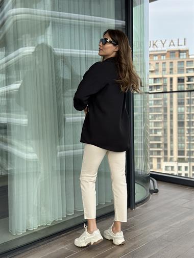 Siyah Midye İşlemeli Keten Aerobin Kadın Gömlek