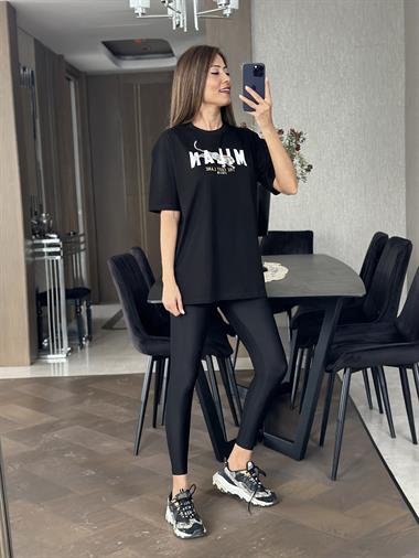 Siyah Mılan Yazı Baskılı Kadın T-Shirt