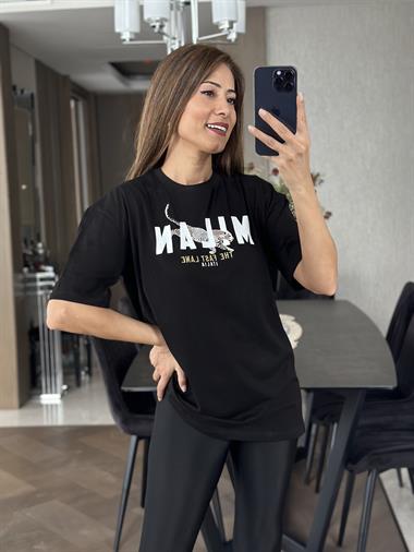 Siyah Mılan Yazı Baskılı Kadın T-Shirt