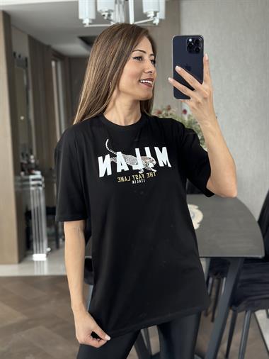 Siyah Mılan Yazı Baskılı Kadın T-Shirt