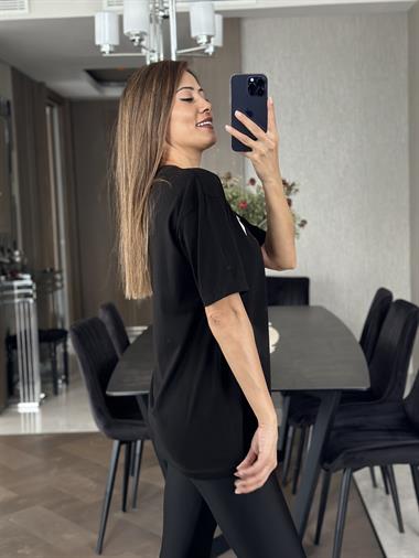Siyah Mılan Yazı Baskılı Kadın T-Shirt
