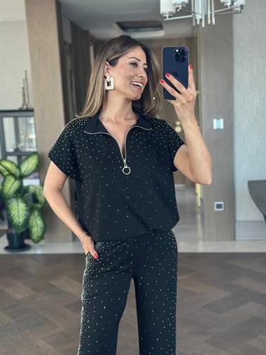 Siyah Modal Taş Detay Kadın Eşofman Takım