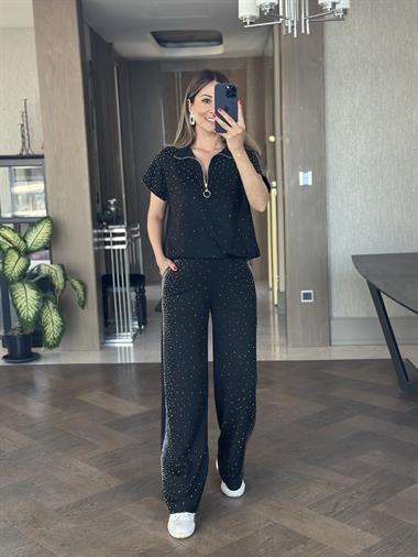 Siyah Modal Taş Detay Kadın Eşofman Takım