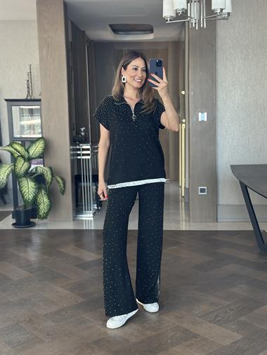 Siyah Modal Taş Detay Kadın Eşofman Takım