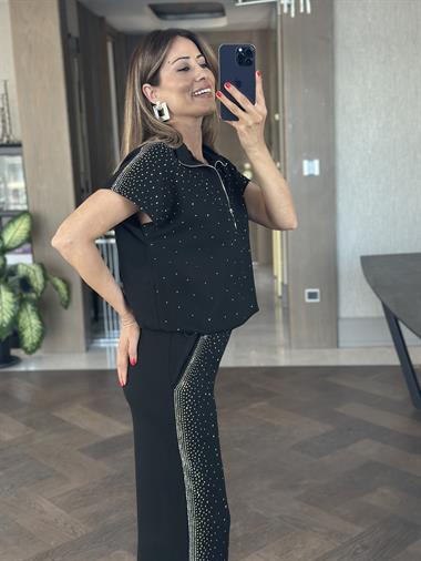 Siyah Modal Taş Detay Kadın Eşofman Takım