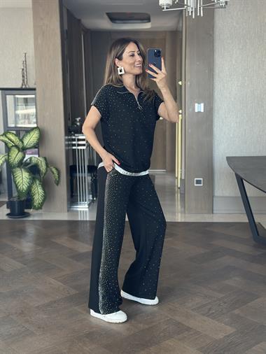 Siyah Modal Taş Detay Kadın Eşofman Takım