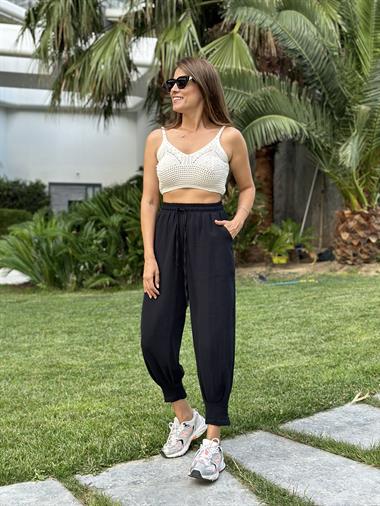 Siyah Müslin Bel Lastikli Paça Pensli Kadın Pantolon