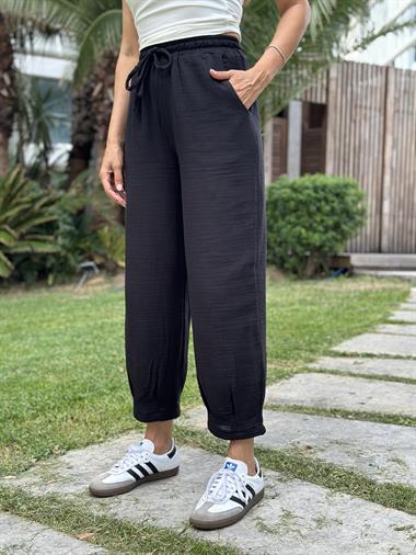 Siyah Müslin Paça Pensli Kadın Pantolon