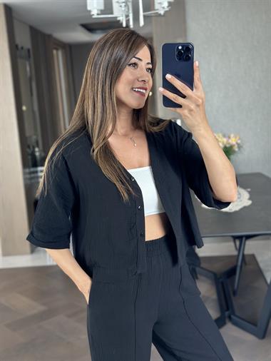 Siyah Müslin V Yaka Düğmeli Crop Gömlek Pantolon Kadın İkili Takım